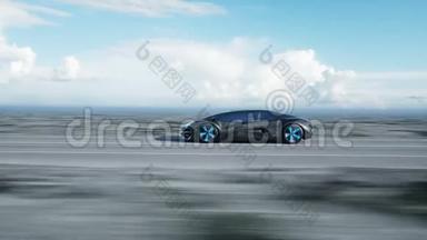 黑色<strong>未来</strong>派电动汽车在沙漠高速公路上。 开得很快。 <strong>未来</strong>的概念。 现实的4k动画。